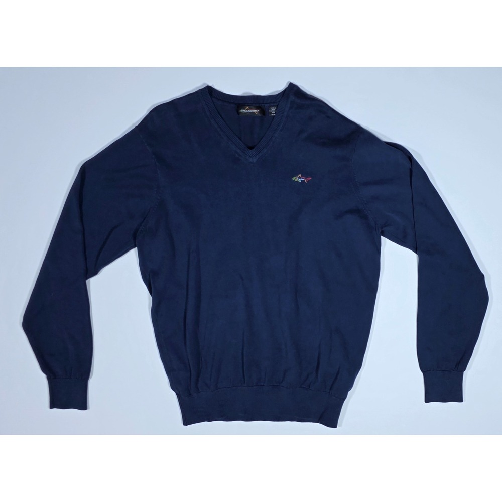 Greg Norman Mens V-Neck Sweater Navy Blue Cotton Shark Logo Size Medium